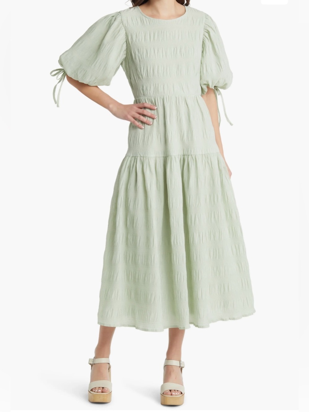 Moon River Woven Textured A-Line Tiered Midi Dress Sage Green Small